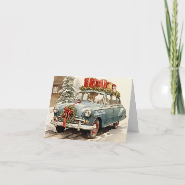 Tarjeta Vintage Christmas Car con presencias (Anverso)