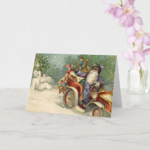 Tarjeta Vintage Christmas Card Auto de Santa Vieja Snowm