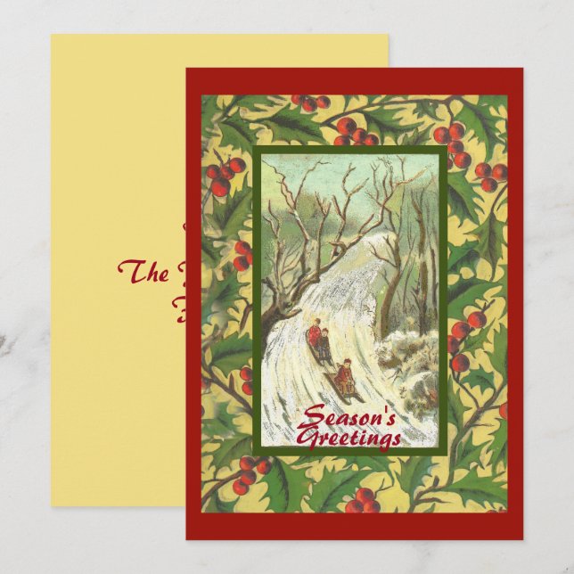 Tarjeta Vintage Christmas Card con Sledding y Holly (Anverso / Reverso)