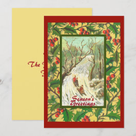 Tarjeta Vintage Christmas Card con Sledding y Holly