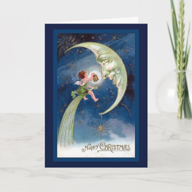 Tarjeta Vintage Christmas Crescent Moon con Cherub Holiday (Anverso)