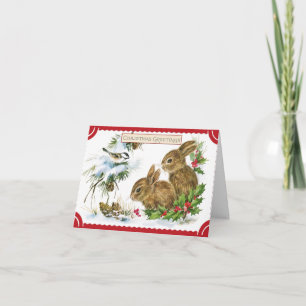 Tarjeta Vintage Christmas Forest Bunniers and Bird Nature