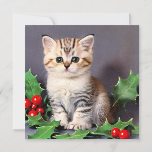 Tarjeta Vintage Christmas Kitten and Holly