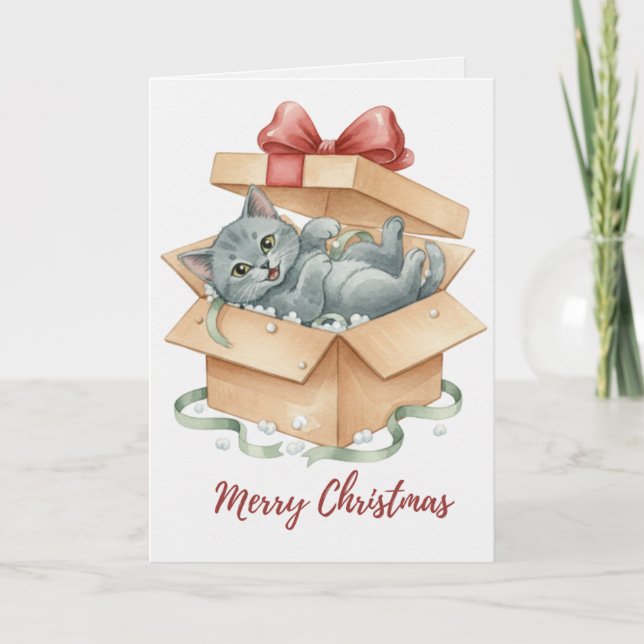 Tarjeta Vintage Christmas Kitten in Gift Box Card (Anverso)