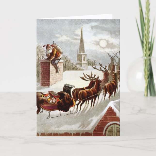 Tarjeta Vintage Christmas, Saint Nicholas on the Rooftop (Anverso)
