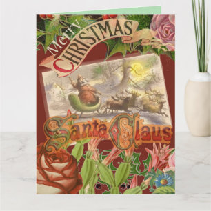 Tarjeta Vintage Christmas Santa Claus Sleigh