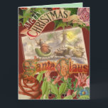 Tarjeta Vintage Christmas Santa Claus Sleigh<br><div class="desc">Una imagen vintage de los años 1800 que muestra a Santa volando con su cordón y reno.</div>