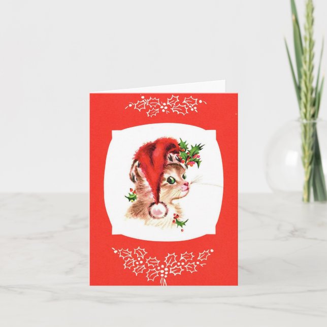 Tarjeta Vintage Christmas Santa Kitten Card (Anverso)