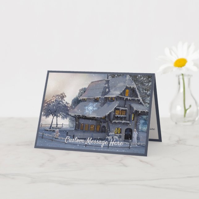 Tarjeta Vintage Christmas Scene Cottage Snowman (Planta pequeña)