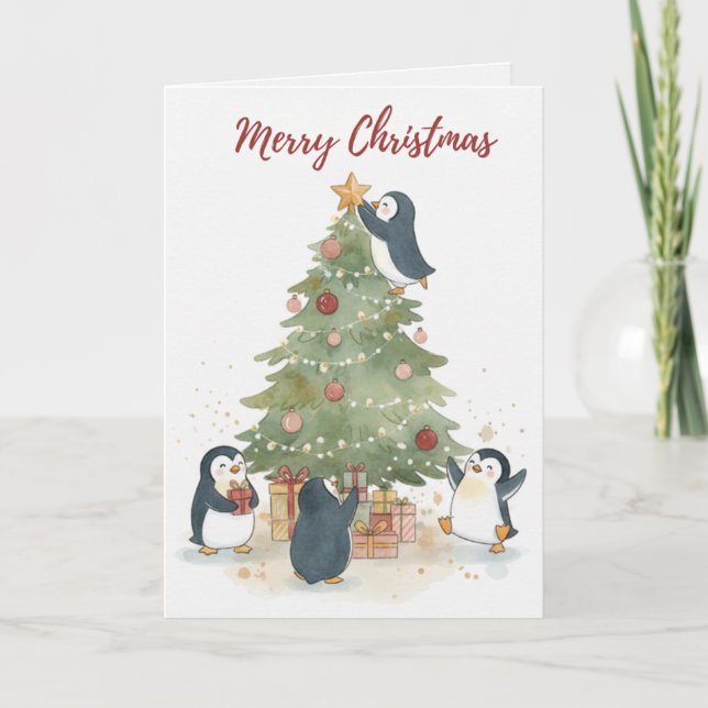 Tarjeta Vintage Christmas Tree Penguins Card (Anverso)