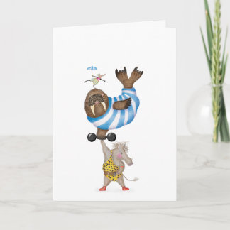 Tarjeta Vintage circus warthog strongman with walrus