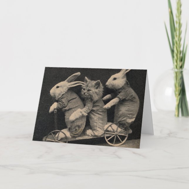 Tarjeta Vintage - conejitos y gatito, (Anverso)