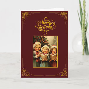 Tarjeta vintage de Feliz Navidad con niños cantand