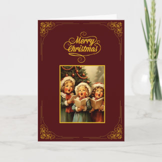 Tarjeta vintage de Feliz Navidad con niños cantand