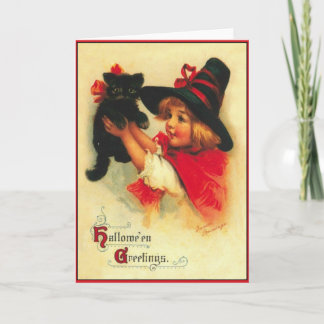 Tarjeta vintage de Halloween de brujita y gato neg