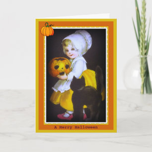 Tarjeta vintage de Halloween de niña y gato negro