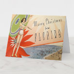 Tarjeta Vintage Deco Merry Christmas, chica de Florida<br><div class="desc">Feliz Navidad desde Florida,  la reproducción vintage de una tarjeta de la década de 1920 presenta a una mujer con traje de baño con paraguas,  escena de playa y una gran flor de poinsettia roja.</div>