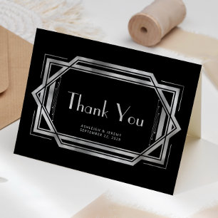 Tarjeta Vintage Deco Negro Plateado Agradecimiento Boda 19