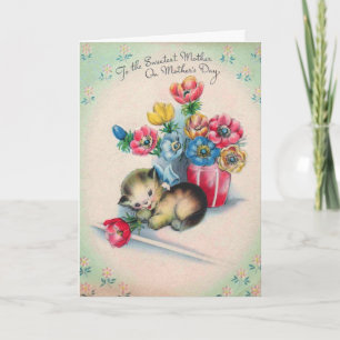 Tarjeta vintage del día de la madre con gatito y m