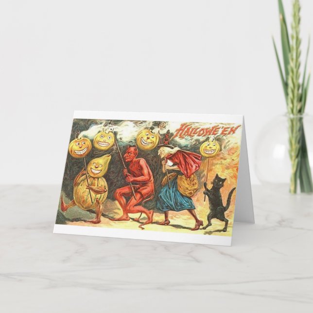 Tarjeta Vintage Devil And Witch Halloween Parade Card (Anverso)