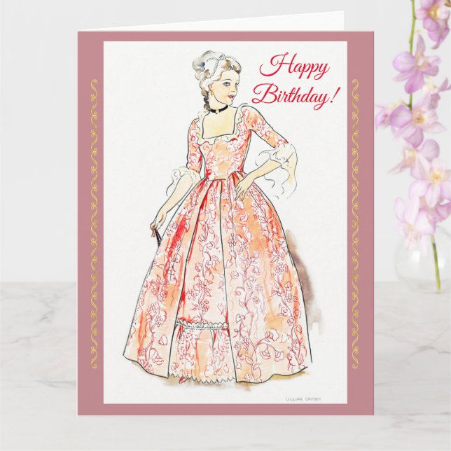 Tarjeta Vintage dress, Feliz cumpleaños (Orquídea)
