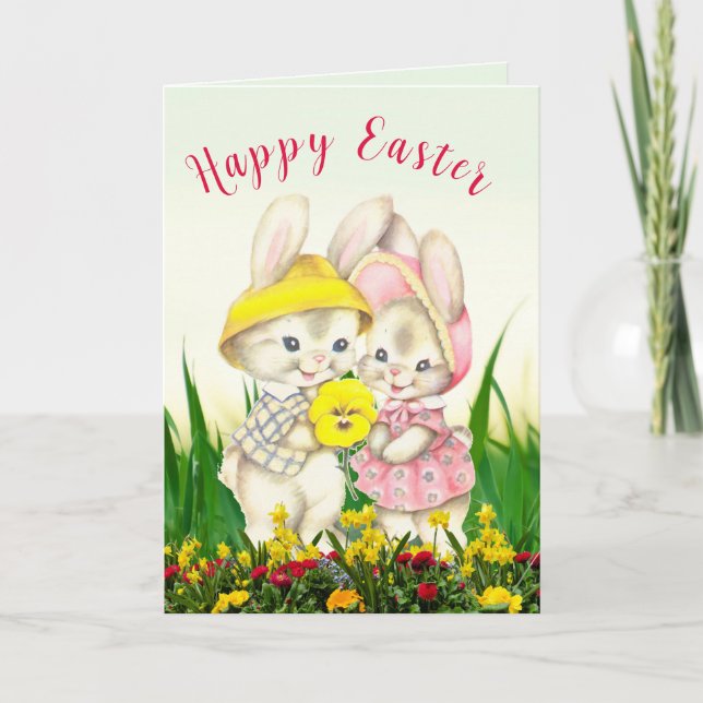 Tarjeta Vintage Easter Bunny Chica Child Doble vacaciones (Anverso)
