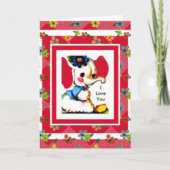 Tarjeta Vintage Elefante Rojo Te Amo (Anverso)