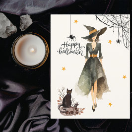Tarjeta Vintage Elegant Witch Cat Spiders Halloween gótico