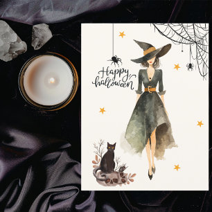 Tarjeta Vintage Elegant Witch Cat Spiders Halloween gótico