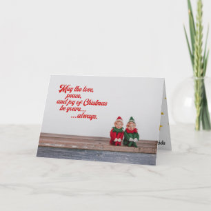 Tarjeta Vintage Elves en mantel con amor, paz y alegría