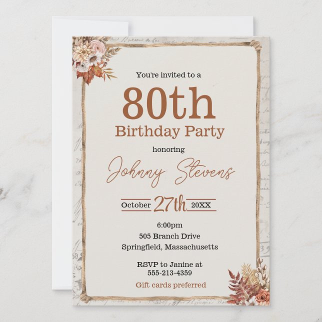 Tarjeta Vintage Fall Otoño 80th Birthday Party Card (Anverso)