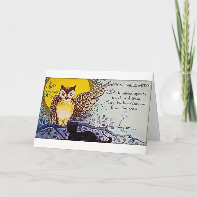 Tarjeta Vintage fantasmagórico Halloween del búho (Anverso)