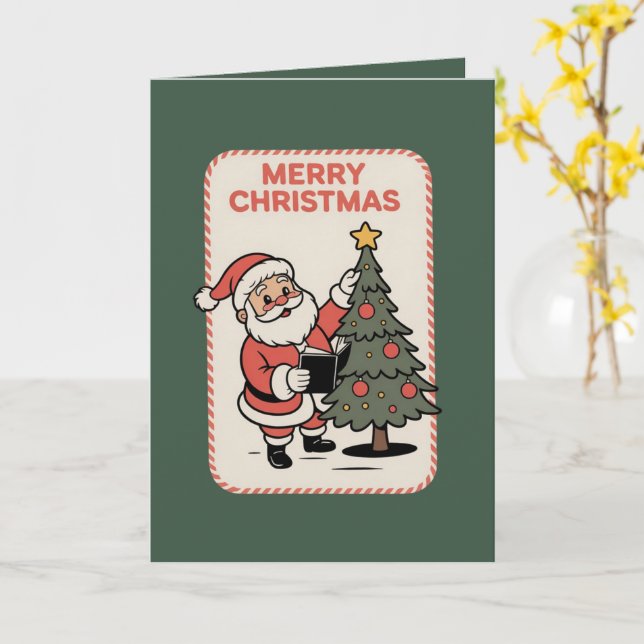 Tarjeta Vintage Feliz Navidad Santa Leyendo  (flor amarilla)