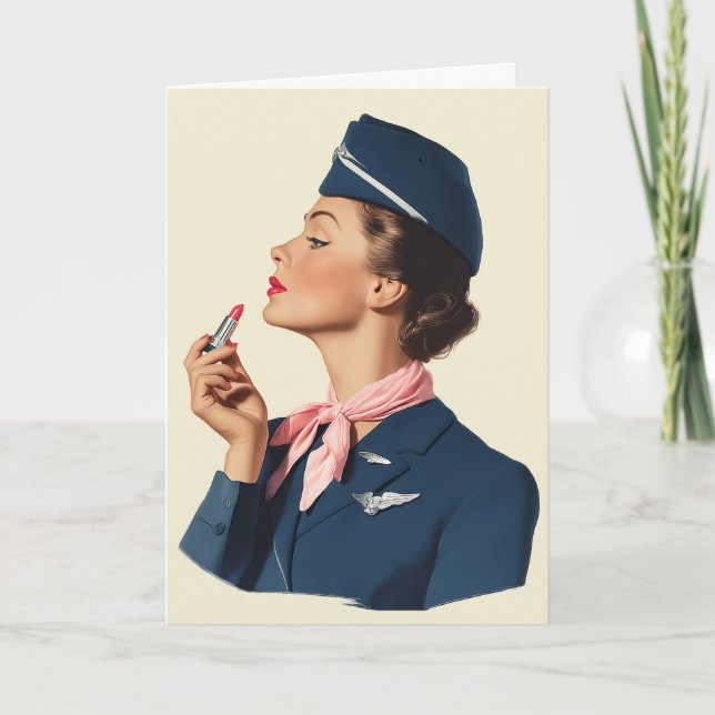 Tarjeta Vintage Flight Attendant Applying Lipstick (Anverso)