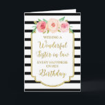 Tarjeta Vintage Floral Black Stripe Sister en la ley Cumpl<br><div class="desc">Tarjeta de cumpleaños para cuñada con flores de color rosa y melocotón,  rayas blancas y negras,  marco rústico dorado,  texto rústico de estilo manuscrito y verso reflexivo.</div>