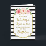 Tarjeta Vintage Floral Black Stripe Sister en la ley Cumpl<br><div class="desc">Tarjeta de cumpleaños para cuñada con flores de color rosa y melocotón,  rayas blancas y negras,  marco rústico dorado,  texto rústico de estilo manuscrito y verso reflexivo.</div>