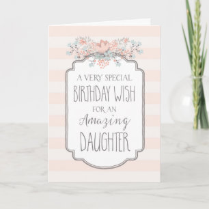 Tarjeta Vintage Floral Pink Stripes Daughter Birday Card