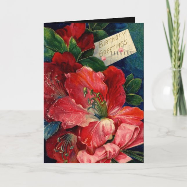 Tarjeta Vintage Flores Rojas Felicidades Cumpleaño (Anverso)
