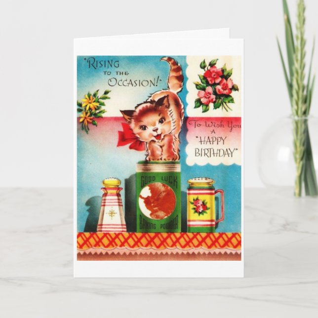 Tarjeta Vintage - Gato de cumpleaños feliz, (Anverso)