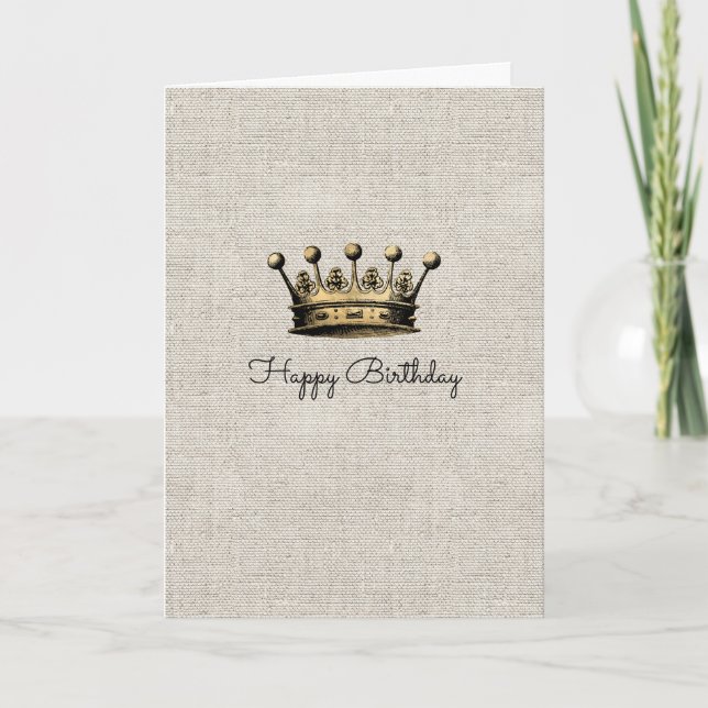 Tarjeta Vintage Gold Crown Royal Linen Moda Cumpleaños (Anverso)