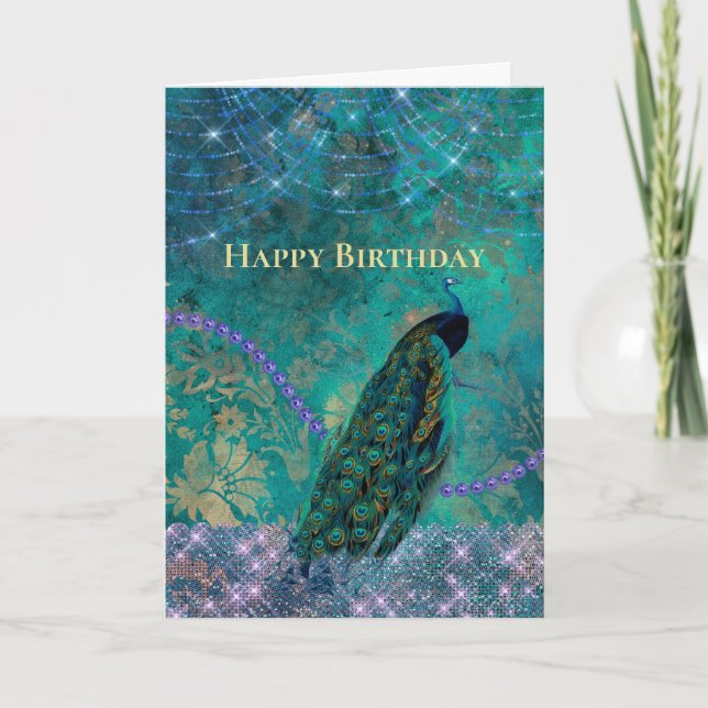Tarjeta Vintage Green Purple Peacock acuarela (Anverso)