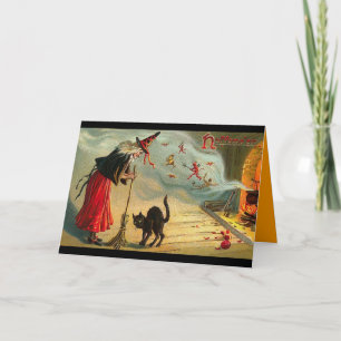 Tarjeta Vintage Halloween Art - ¡El gato se encuentra con