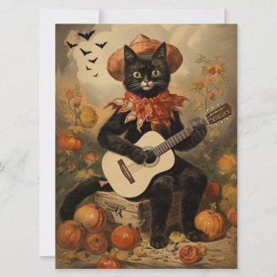 Tarjeta Vintage Halloween Black Cat Toca Guitarra