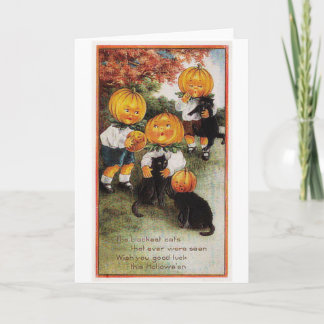 Tarjeta Vintage Halloween de las calabazas y de los gatos