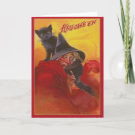 Tarjeta Vintage Halloween del gato negro de la bruja