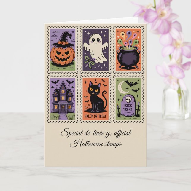 Tarjeta Vintage Halloween Delivery Stamp Card Spookie fun (Orquídea)