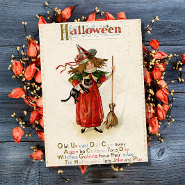Tarjeta Vintage Halloween Witch Chica con gato negro