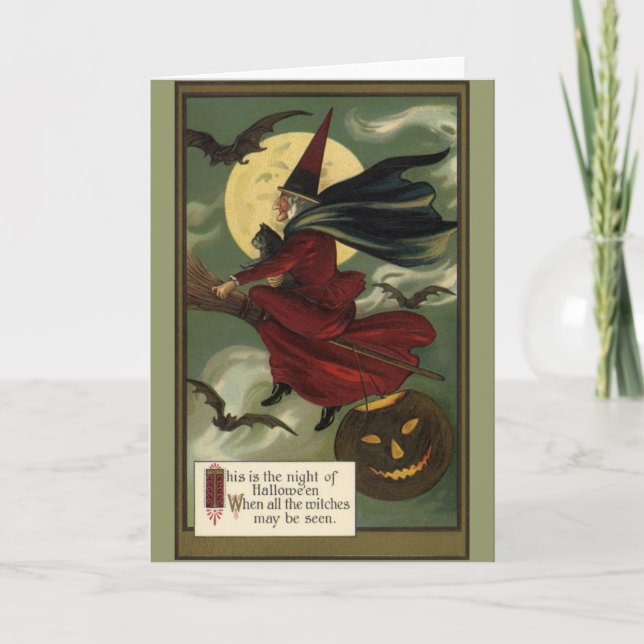 Tarjeta Vintage Halloween Witch Riding Broomstick con gato (Anverso)