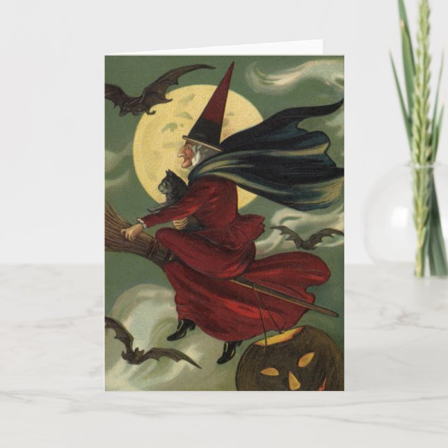 Tarjeta Vintage Halloween Witch Riding Broomstick con gato (Anverso)