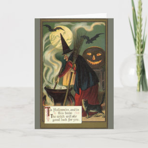 Tarjeta Vintage Halloween Witch Stirring Magic Cauldron